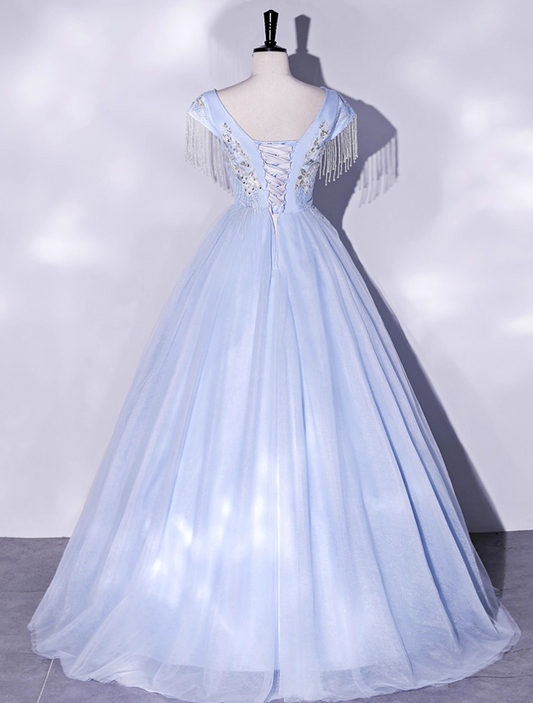 Vintage Sky Blue Tulle Beaded A-Line Evening Gown V-neck Cap Sleeves Party Dress Long Formal Dress TP4957