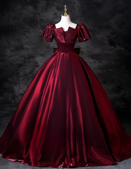 Elegant Burgundy Satin Sweet 16 A-Line Puff Sleeves Quinceanera Ball Gown TP5209