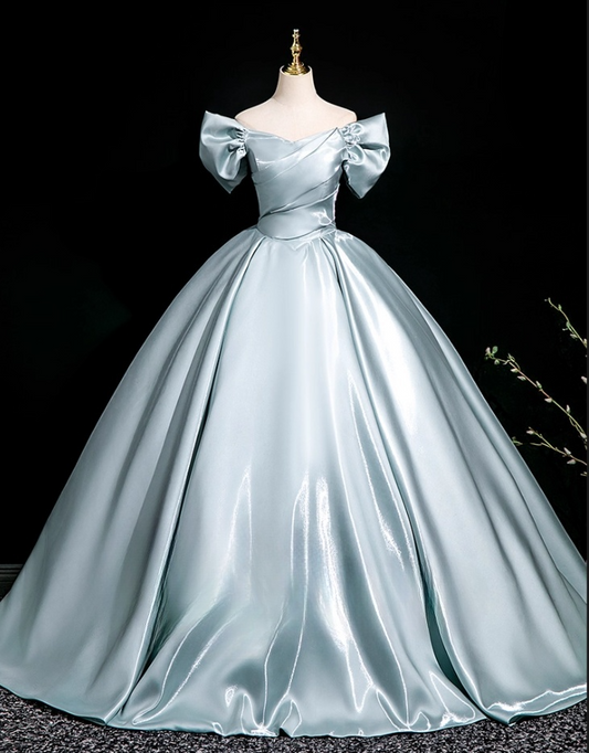 Elegant Sky Blue Satin Sweet 16 A-Line Off-the-shoulder Floor Length Quinceanera Ball Gown TP5210