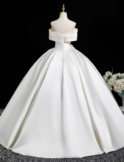 Glamorous White Satin 3D Flowers Wedding Dress A-Line Off-the-shoulder Bridal Gown TP5211