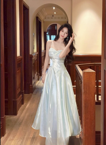Elegant Sky Blue Sweetheart Spaghetti Strap Evening Dress Satin A-Line Long Prom Dress TP4998