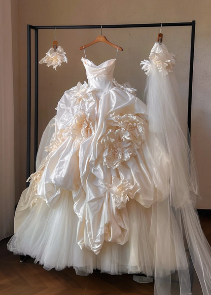 Gorgeous Ivory 3D Flowers Strapless A-Line Satin Long Wedding Dress TP5035