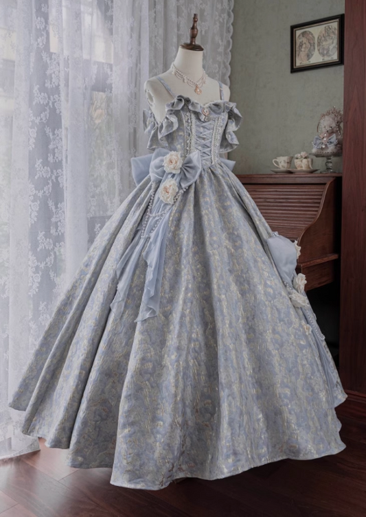Vintage-Inspired Light Blue A-Line Brocade Lolita Ball Gown with Ruffled Details & Floral Accents _ Elegant Victorian-Style Formal Dress TP5065