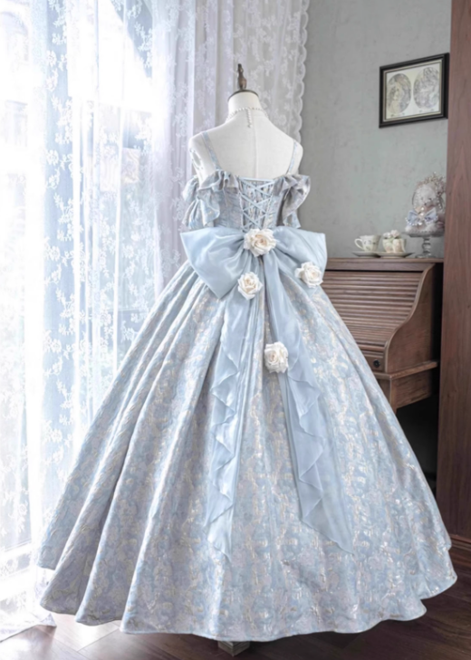 Vintage-Inspired Light Blue A-Line Brocade Lolita Ball Gown with Ruffled Details & Floral Accents _ Elegant Victorian-Style Formal Dress TP5065