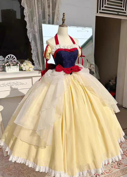 Snow White Inspired Lolita Ball Gown _ Vintage Velvet & Tulle Princess Dress with Red Bow TP5066
