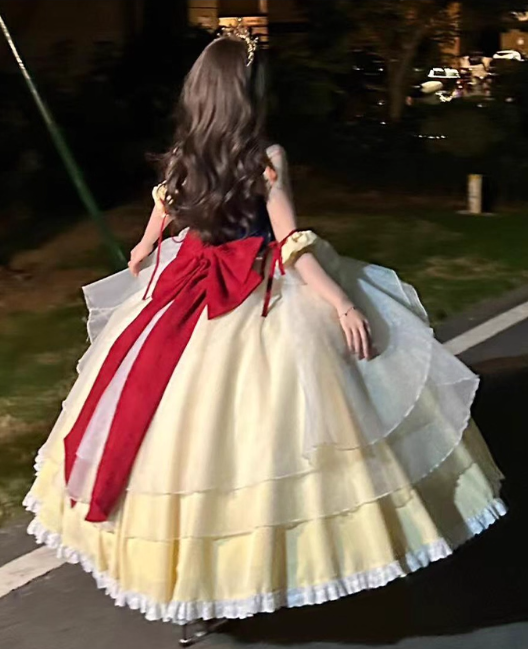 Snow White Inspired Lolita Ball Gown _ Vintage Velvet & Tulle Princess Dress with Red Bow TP5066