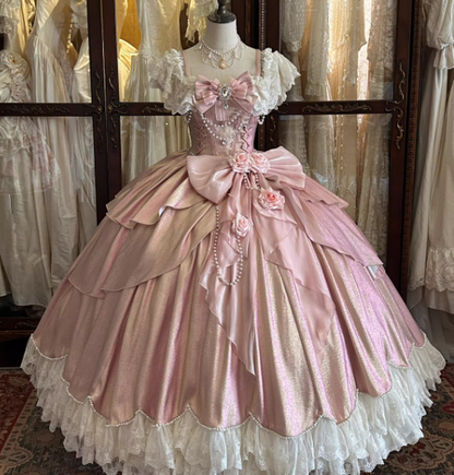 Glamorous Pink Shimmer Lolita Ball Gown _ Vintage-Inspired Lace & Pearl Embellished Princess Dress with Floral Bow Accents TP5067