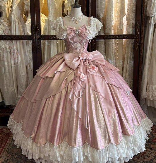 Glamorous Pink Shimmer Lolita Ball Gown _ Vintage-Inspired Lace & Pearl Embellished Princess Dress with Floral Bow Accents TP5067