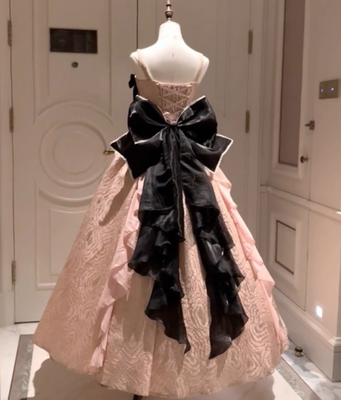Vintage-Inspired Pink & Black Contrast Lolita Ball Gown _ Bow & Pearl Embellished Princess Dress TP5068