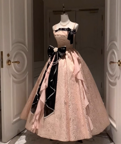 Vintage-Inspired Pink & Black Contrast Lolita Ball Gown _ Bow & Pearl Embellished Princess Dress TP5068