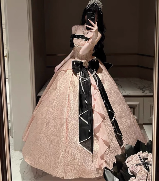 Vintage-Inspired Pink & Black Contrast Lolita Ball Gown _ Bow & Pearl Embellished Princess Dress TP5068