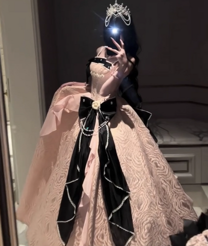 Vintage-Inspired Pink & Black Contrast Lolita Ball Gown _ Bow & Pearl Embellished Princess Dress TP5068