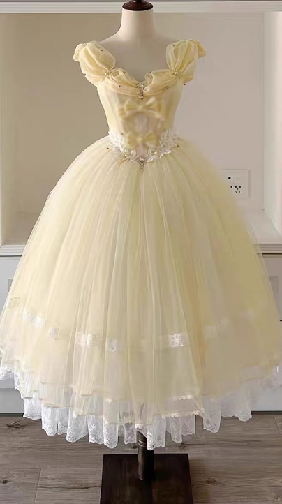 Vintage Yellow Tulle Lolita Ball Gown _ Off-the-shoulder Princess Dress with Bow & Lace Details TP5069