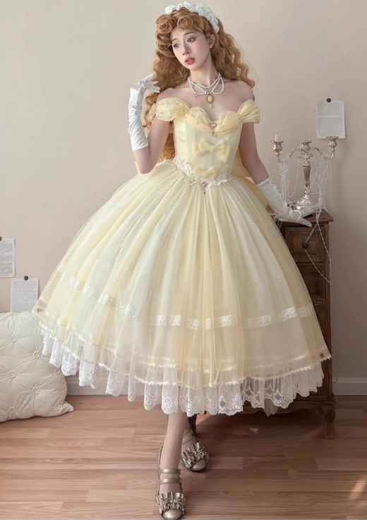 Vintage Yellow Tulle Lolita Ball Gown _ Off-the-shoulder Princess Dress with Bow & Lace Details TP5069