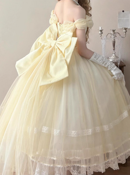 Vintage Yellow Tulle Lolita Ball Gown _ Off-the-shoulder Princess Dress with Bow & Lace Details TP5069
