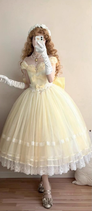 Vintage Yellow Tulle Lolita Ball Gown _ Off-the-shoulder Princess Dress with Bow & Lace Details TP5069