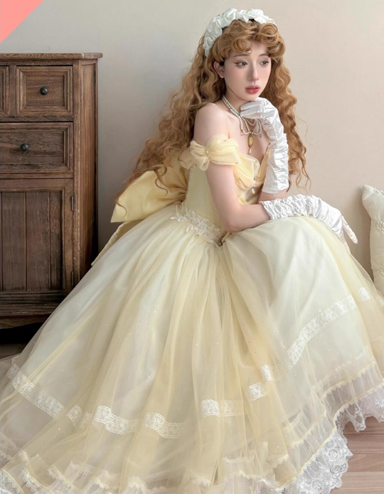 Vintage Yellow Tulle Lolita Ball Gown _ Off-the-shoulder Princess Dress with Bow & Lace Details TP5069