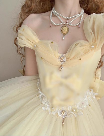 Vintage Yellow Tulle Lolita Ball Gown _ Off-the-shoulder Princess Dress with Bow & Lace Details TP5069