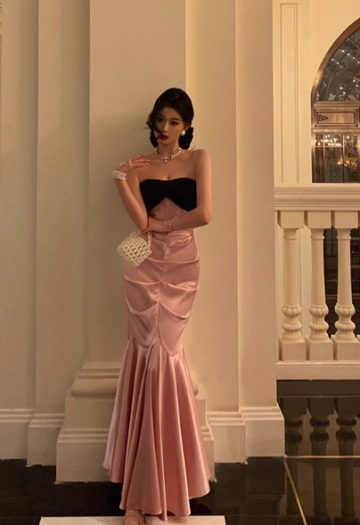 Elegant Pink Satin Mermaid  Black Strapless Bodice Evening Gown TP5117