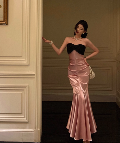 Elegant Pink Satin Mermaid  Black Strapless Bodice Evening Gown TP5117