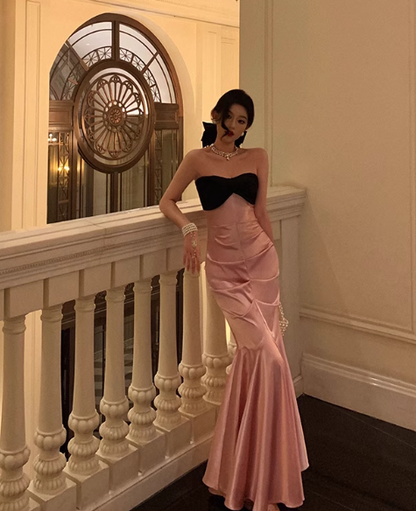 Elegant Pink Satin Mermaid  Black Strapless Bodice Evening Gown TP5117