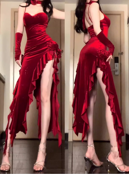 Vintage Red Velvet Spaghetti Strap Ruffled High Slit Floral Embellished Evening Gown TP5129