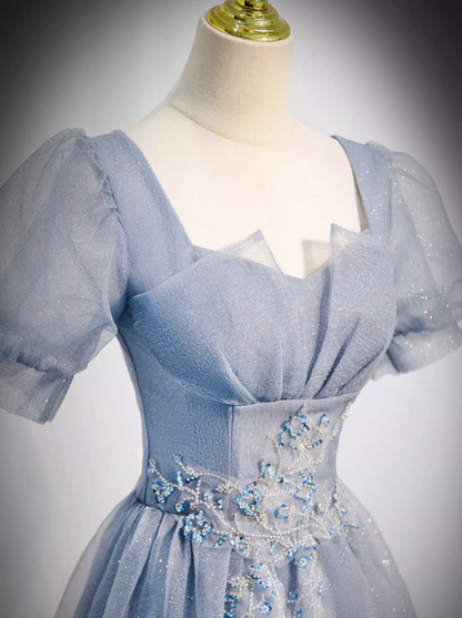 Enchanting Powder Blue Glitter Tulle Puff Sleeves & Floral Lace Embellishment Quinceañera Formal Dress TP5141