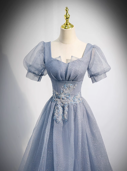 Enchanting Powder Blue Glitter Tulle Puff Sleeves & Floral Lace Embellishment Quinceañera Formal Dress TP5141