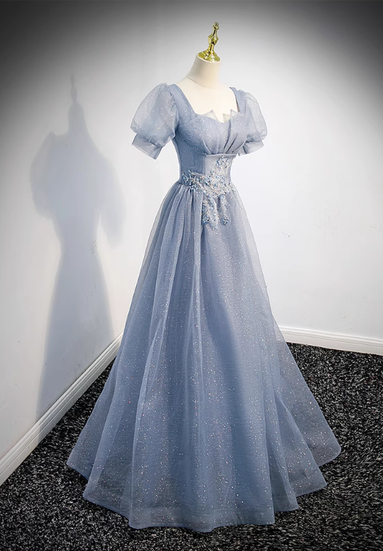 Enchanting Powder Blue Glitter Tulle Puff Sleeves & Floral Lace Embellishment Quinceañera Formal Dress TP5141