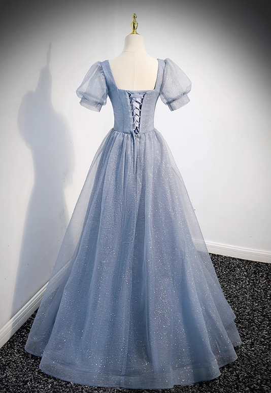 Enchanting Powder Blue Glitter Tulle Puff Sleeves & Floral Lace Embellishment Quinceañera Formal Dress TP5141
