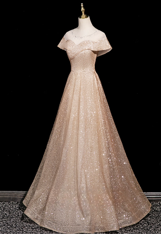 Vintage Champagne Off-Shoulder Sweetheart Evening Gown Glittering Tulle A-Line Prom Dress TP5142