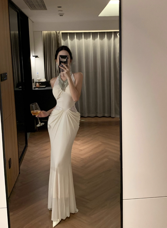 Vintage Ivory Halter Neck Mermaid Evening Gown Beaded Chiffon Prom Dress TP5143
