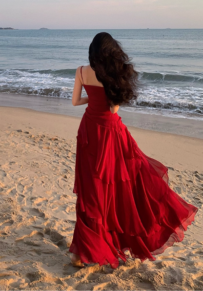 Vintage Red Sweetheart A-Line Evening Gown Spaghetti Strap Chiffon Tiered Prom Dress TP5144