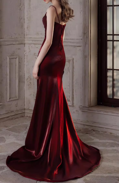 Vintage Burgundy Satin Mermaid Evening Gown Spaghetti Strap Sweetheart Prom Dress TP5150