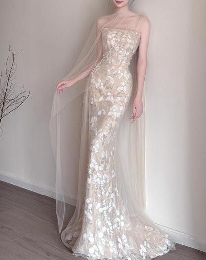 Chic Champagne Strapless Floral Mermaid Tulle Pearl Accents Evening Gown TP5265