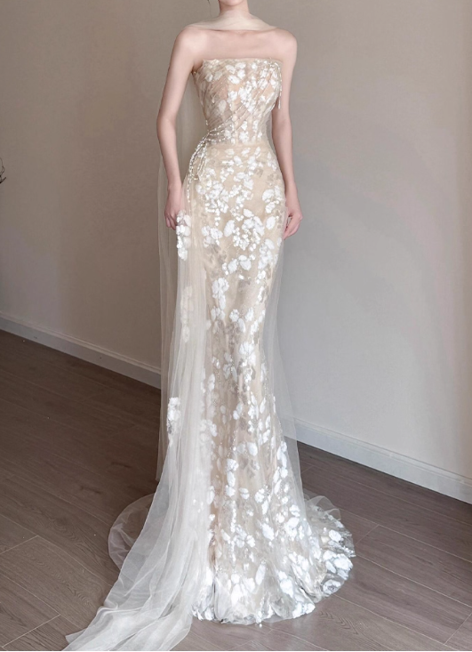 Chic Champagne Strapless Floral Mermaid Tulle Pearl Accents Evening Gown TP5265