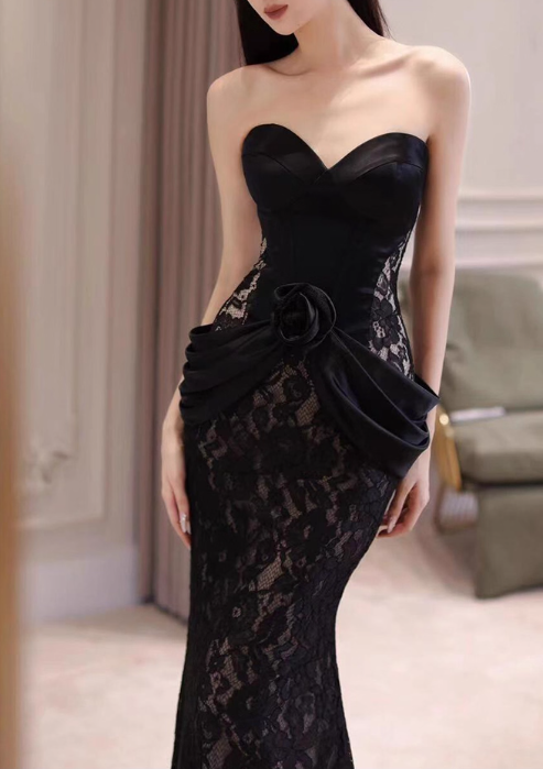 Glamorous Black Lace Sweetheart Strapless Mermaid Evening Gown TP5277