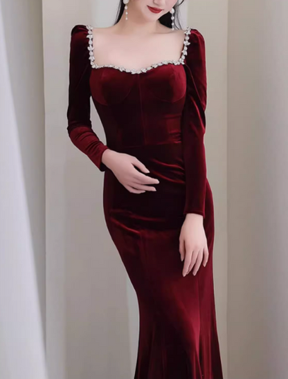 Elegant Burgundy Velvet Sheath Rhinestone Square Neckline Long-Sleeve  Evening Gown TP5281