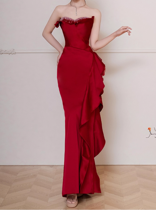 Elegant Red Satin Strapless Sheath Ruffled Beaded Sweetheart Neckline Evening Gown TP5283