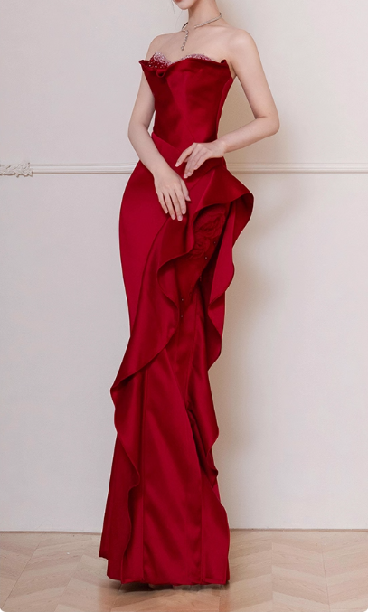 Elegant Red Satin Strapless Sheath Ruffled Beaded Sweetheart Neckline Evening Gown TP5283
