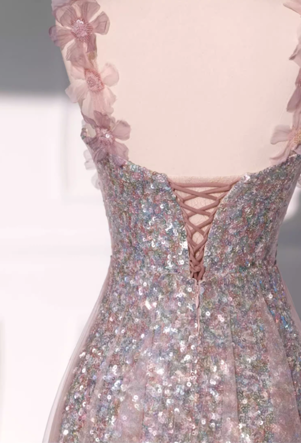 Elegant Pink Sequin Tulle 3D Floral Embellished Bodice A-Line Evening Gown TP5285