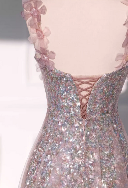 Elegant Pink Sequin Tulle 3D Floral Embellished Bodice A-Line Evening Gown TP5285