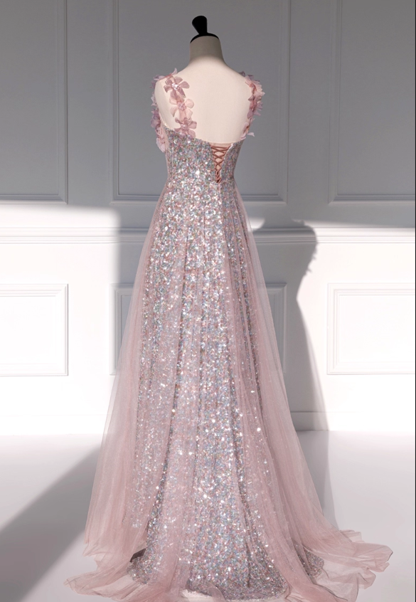 Elegant Pink Sequin Tulle 3D Floral Embellished Bodice A-Line Evening Gown TP5285