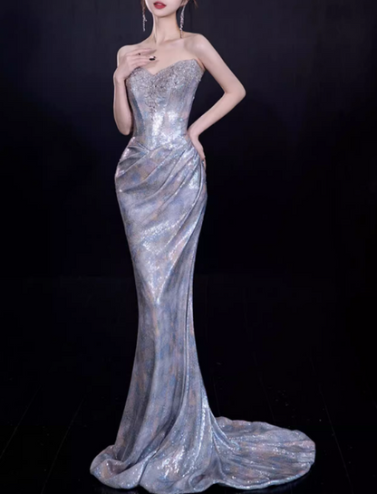 Glamorous Silver Beaded Mermaid Strapless Sweetheart Neckline Puff Sleeves Evening Gown TP5286