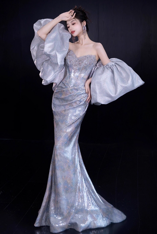 Glamorous Silver Beaded Mermaid Strapless Sweetheart Neckline Puff Sleeves Evening Gown TP5286