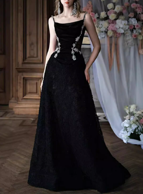 Glamorous Black Lace & Velvet Rhinestone Floral Spaghetti Strap Cowl Neck Evening Gown TP5289