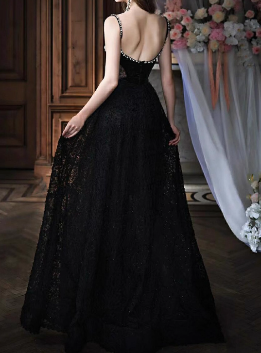 Glamorous Black Lace & Velvet Rhinestone Floral Spaghetti Strap Cowl Neck Evening Gown TP5289