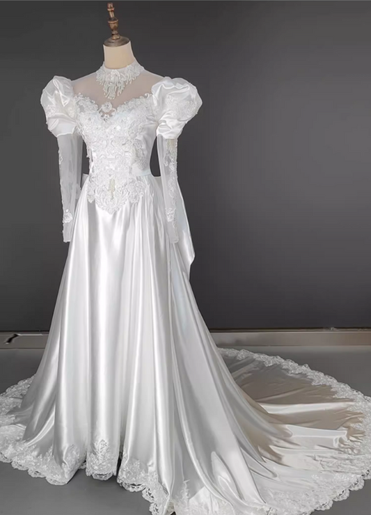 Glamorous White Satin  Puff Sleeve A-Line Lace Applique Cathedral Train Wedding Dress TP5298