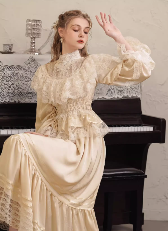 Glamorous Vintage Champagne Lace High Neck Puff Sleeve Tiered Maxi Ruffled Wedding Dress TP5307