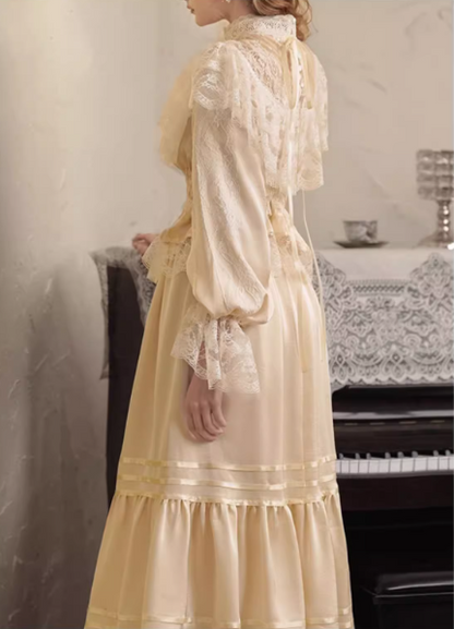 Glamorous Vintage Champagne Lace High Neck Puff Sleeve Tiered Maxi Ruffled Wedding Dress TP5307